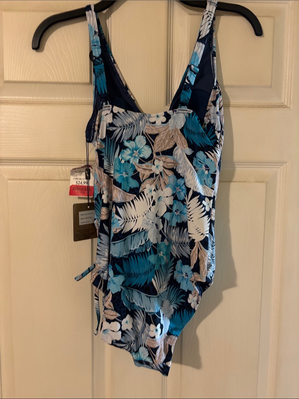 One-Piece Tropical Floral Swimsuit in Blue & White - Adjustable Ruched Fit - Picture 2 of 3